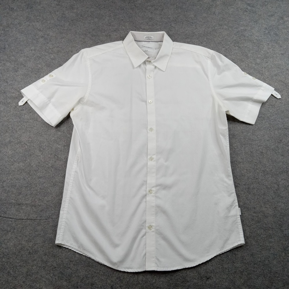 Calvin Klein Shirt Mens Medium White Solid‎ Slim Fit Button Front Short Sleeve